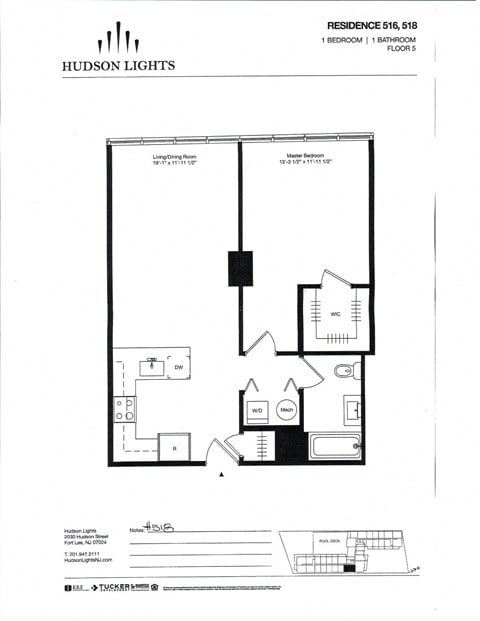 Floor plan for 1 bed, 1 bath, 760 sqft